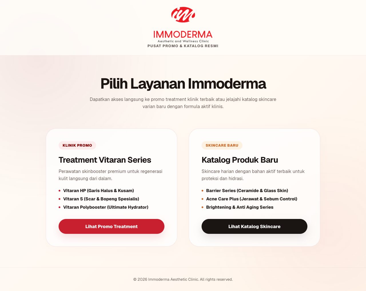 Gateway promo publik Immoderma yang menampilkan jalur treatment dan skincare.